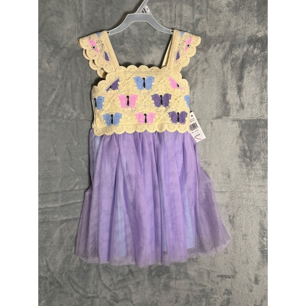 Lilt Girls Butterfly Crochet Tulle Dress Ivory Lilac GD751615Z XS 4/5 NEW